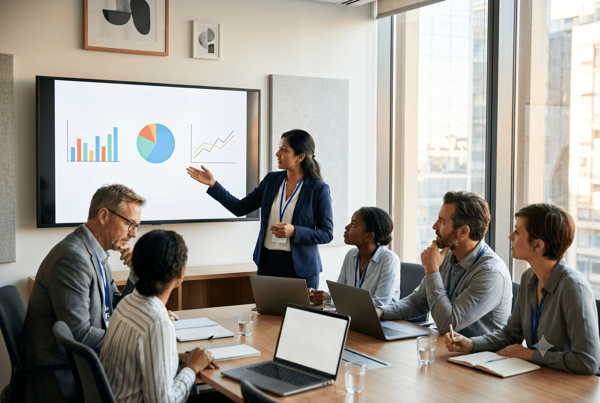 A professional presents data on a wall-mounted screen to a small engaged boardroom group of four. The screen shows simple charts — no specific branding or numbers readable. The presenter gestures confidently toward the screen. The audience leans in with interest. Modern boardroom, natural light, diverse group.