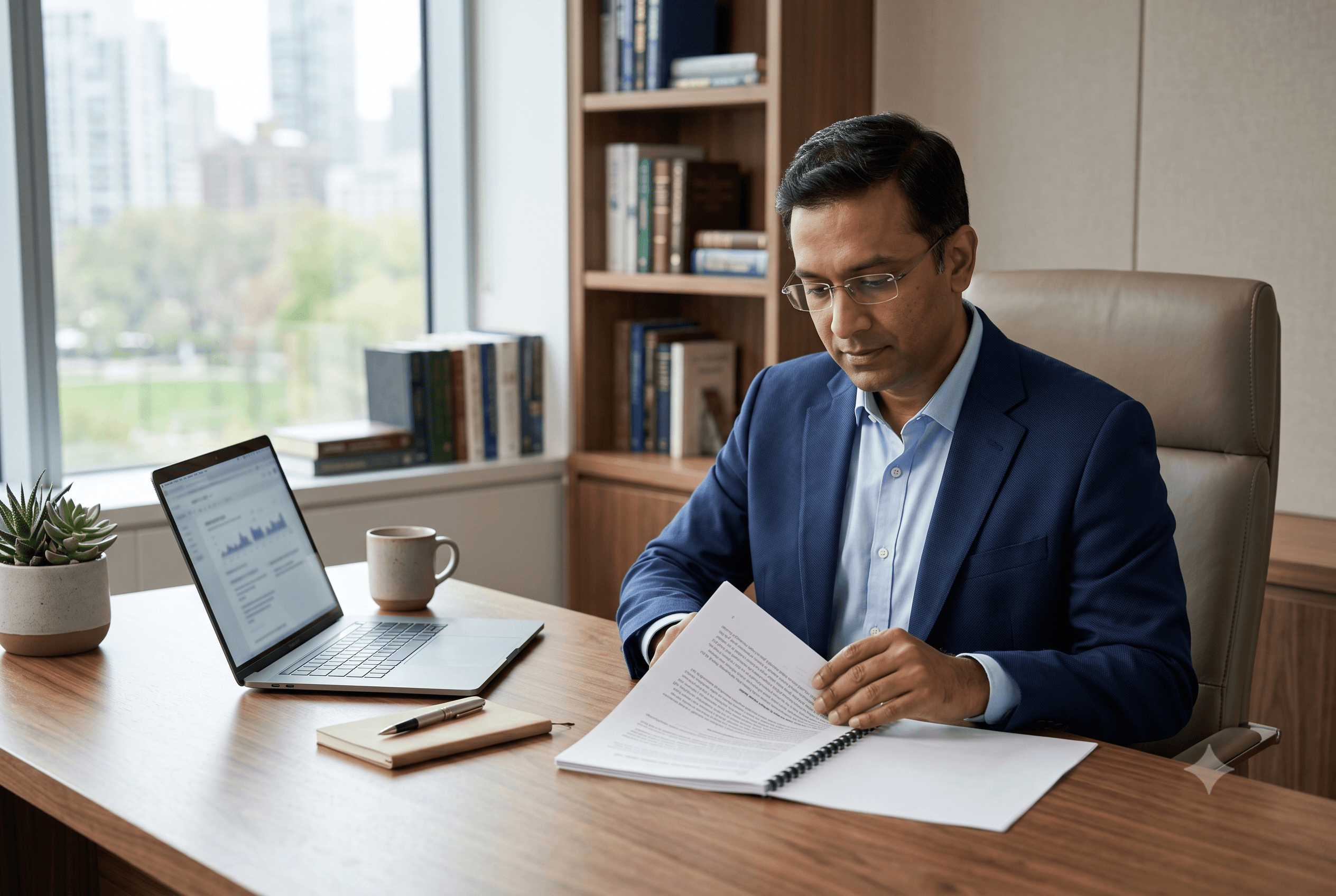 A professional in business attire sits at a clean desk reviewing a printed document — clearly a formal policy or compliance brief. A laptop is open alongside. Calm private office environment, soft natural daylight.
