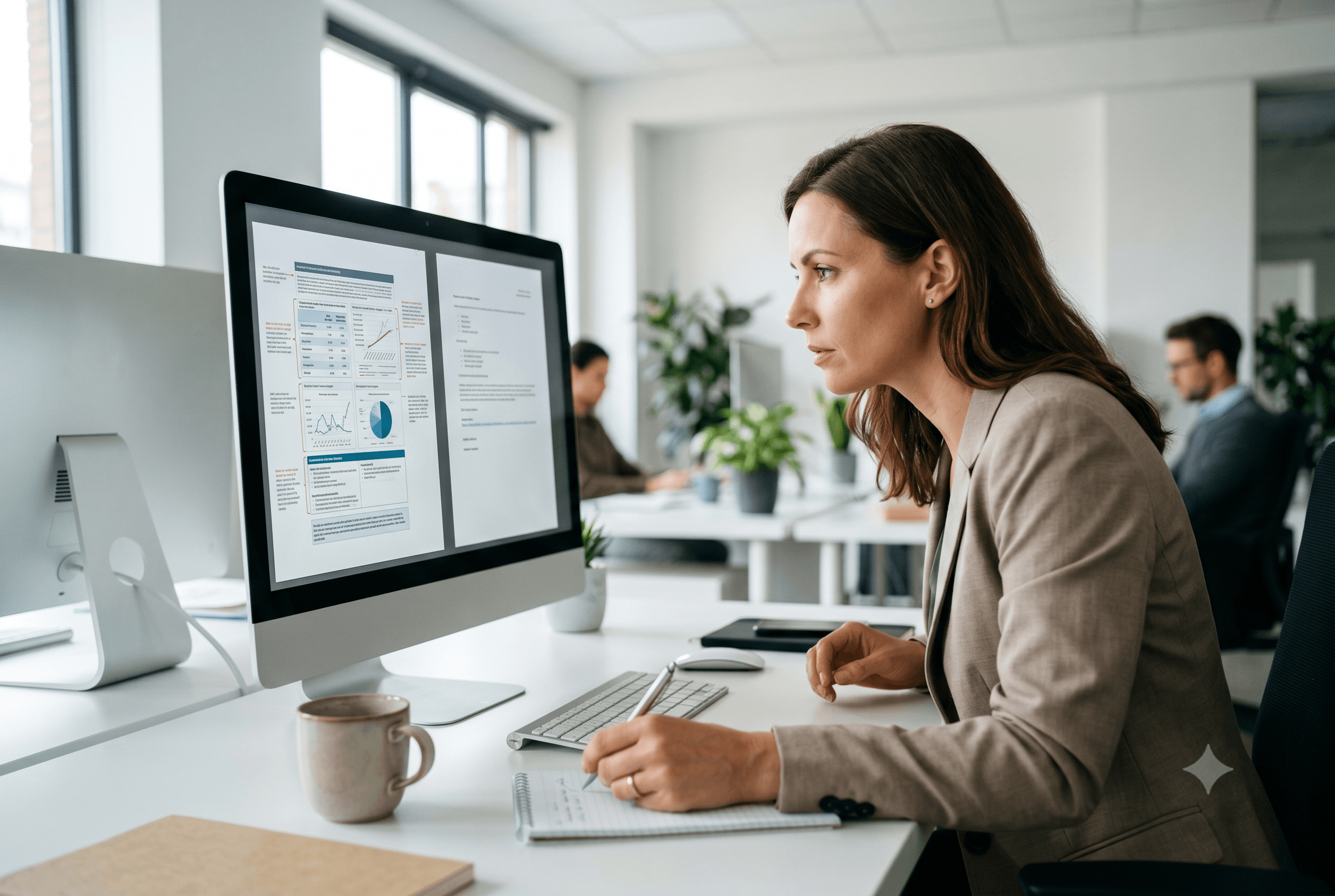 An agency professional leans toward a large monitor showing two documents side by side — one visibly more structured and detailed than the other. They are comparing the two carefully, pen in hand. Modern office environment,