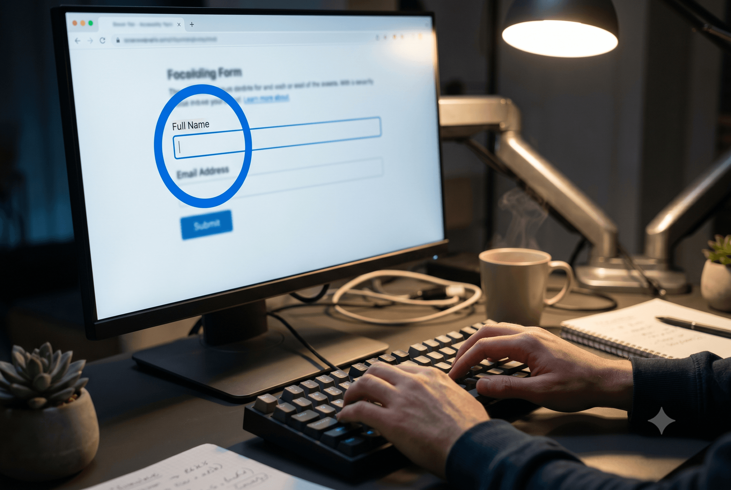 A developer keyboard-navigating through a web form on screen. A visible focus ring highlights the active element on the webpage. Both hands are on the keyboard, no mouse visible. Close crop on hands and screen. Dim focused desk lamp lighting.