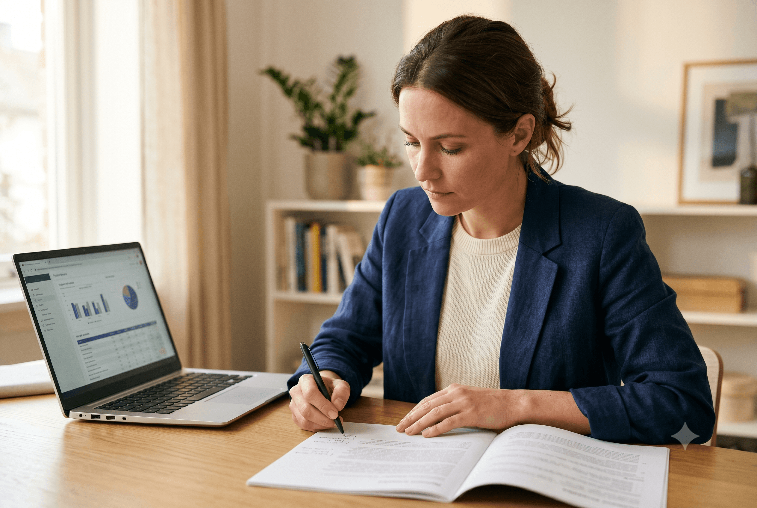 An agency professional in their mid-30s reviews a document on a laptop with a printed page beside them. They are making considered notes in the margin. The scene feels methodical and calm.